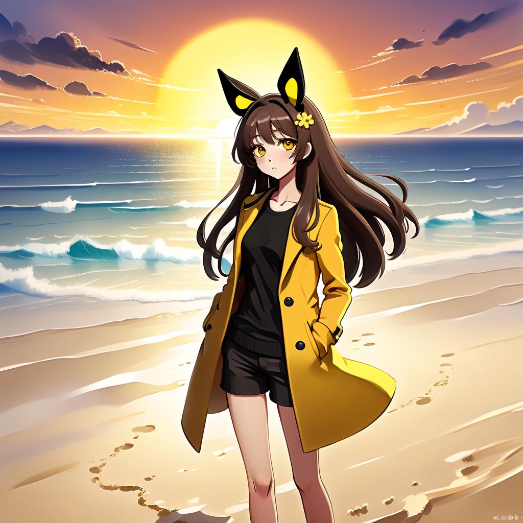  architectural style an anime style girl with anime ears stands on the beach, where soft sand stretches to the horizon. she has long dark brown hair, which flies slightly in the breeze. her face, with pronounced jewish and slavic features, radiates lively energy. brown eyes are full of deep emotions, as if reflecting the vast expanses of the ocean. she has a bright yellow coat, which seems to shine, catching the eye and contrasting with the soft shades of the sunset. under her coat she wears a black shirt and black pants are decorated with yellow elements, creating a stylish and dynamic look. the sunset blooms in the sky, turning the surrounding space into a magical spectacle. the bright red rays of the sun fall on the terrain in stripes, hi