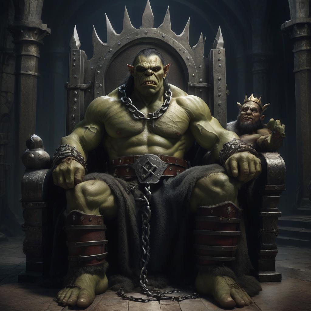  photorealistic picture. an orc chained stands before the king on a throne. the king has a big belt in his hands.