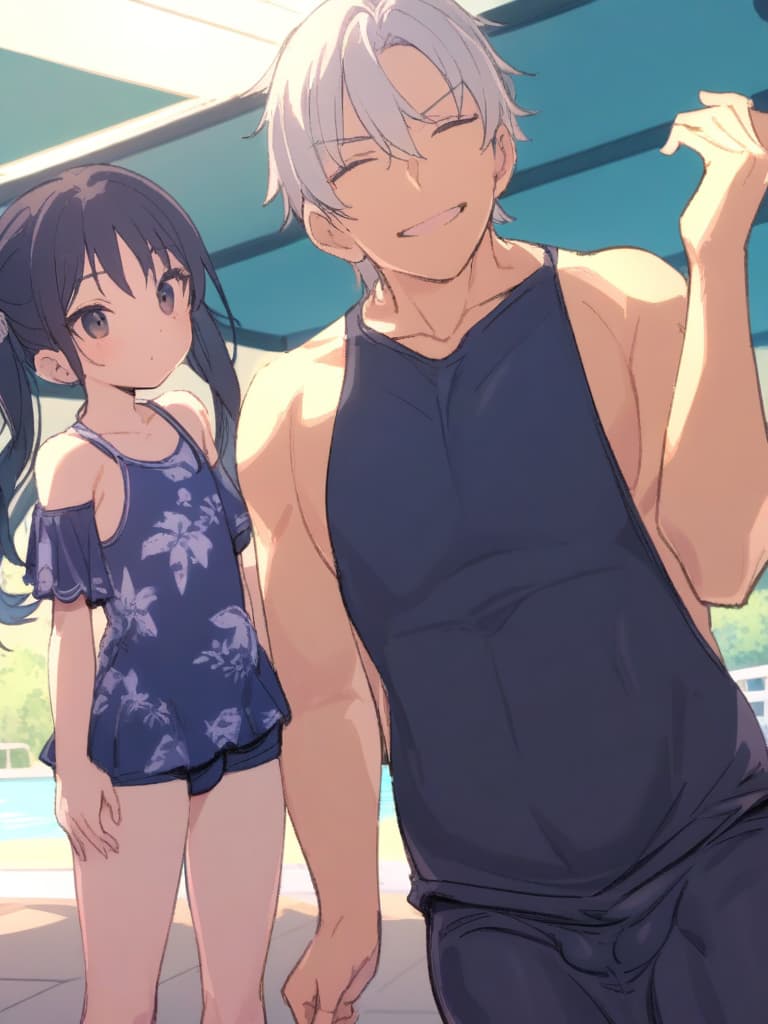  women's elementary students (male), twin tails, cute smiles, (rich s), low stature, dark blue swimwear, old swimwear, , simple (upward), male , (bulge), shaped clear , front , whole body, pool side,