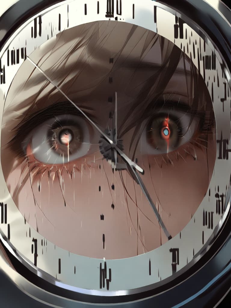  green hair,(((pupil up focus:1.5))),(((the clock is my eye:2.0))),(((in your eyes the clock is ticking:2.0))),realistic