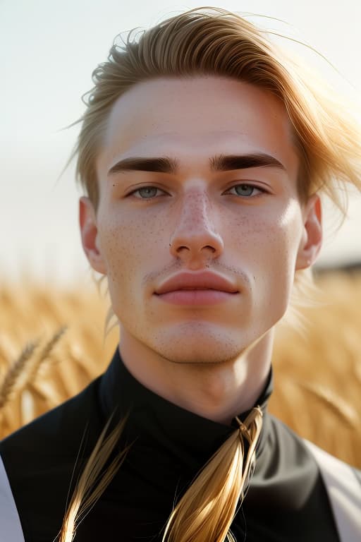  Portrait. A young man with fair skin, he has pale freckles on his cheeks and nose, his hair is light wheat and tied in a messy ponytail reaching halfway down his back, a few strands fall on either side of his face. His facial features are sharp but thin, straight nose, plump pale lips, clear eyebrows, just as light as his hair, prominent jawline. He has no beard, muttonchops or moustache. His head is turned 3/4. His eyes are hooded, pale blue, with long light lashes, a serious but relaxed look. Behind him is a sunlit wheat field. The man wears a black wetsuit without sleeves. hyperrealistic, full body, detailed clothing, highly detailed, cinematic lighting, stunningly beautiful, intricate, sharp focus, f/1. 8, 85mm, (centered image composition), (professionally color graded), ((bright soft diffused light)), volumetric fog, trending on instagram, trending on tumblr, HDR 4K, 8K