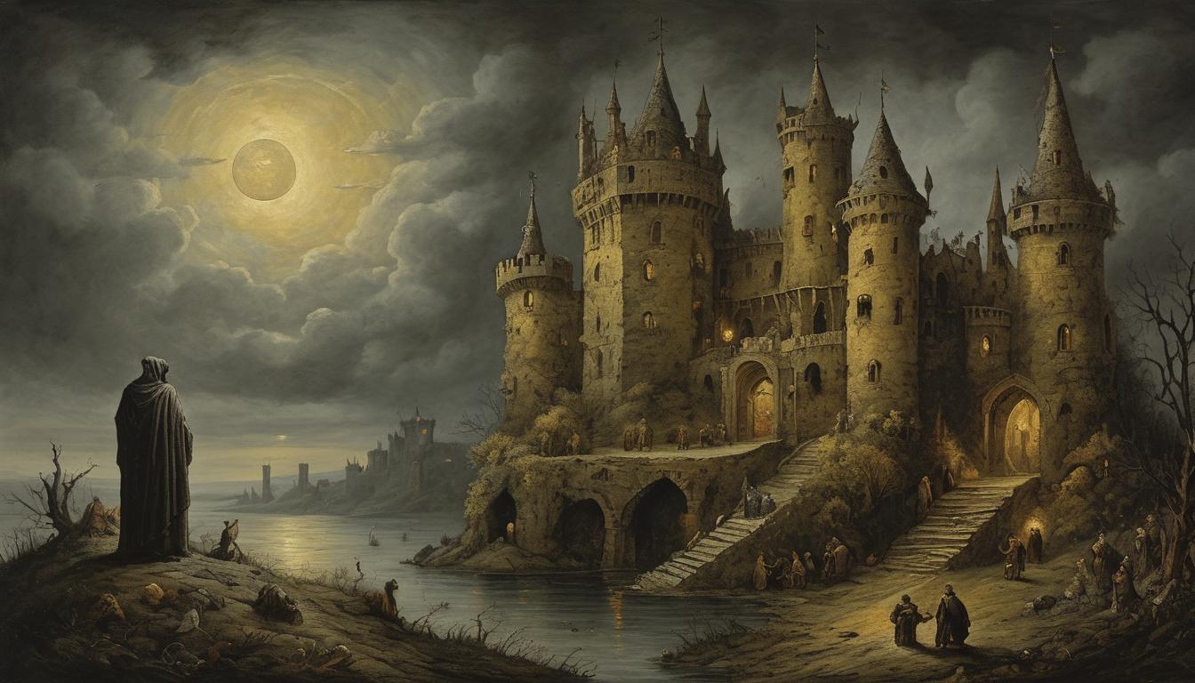  on parchment, surrealism++, hoard of gold coins and treasures, cloaked figures clutching at them desperately, backdrop of darkened skies and an overgrown, decrepit castle, themes of greed and power, foreboding mood(mysterious, provocative, symbolic)++