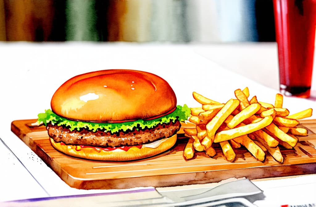  artwork fast food on a wooden board lies an appetizing burger with a skewer and french fries photo ar 16:9 ar 3:2, watercolor techniques, featuring fluid colors, subtle gradients, transparency associated with watercolor art