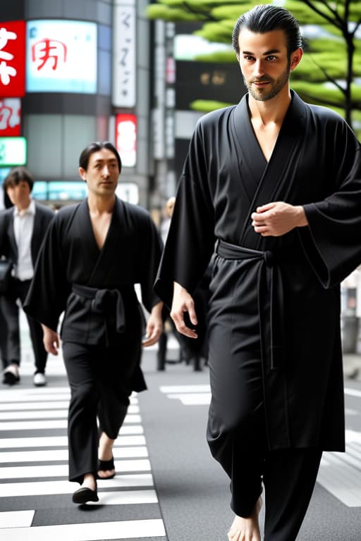  european man in his 30s, groomed, fresh in a modern black kimono, walks in front of tokyo