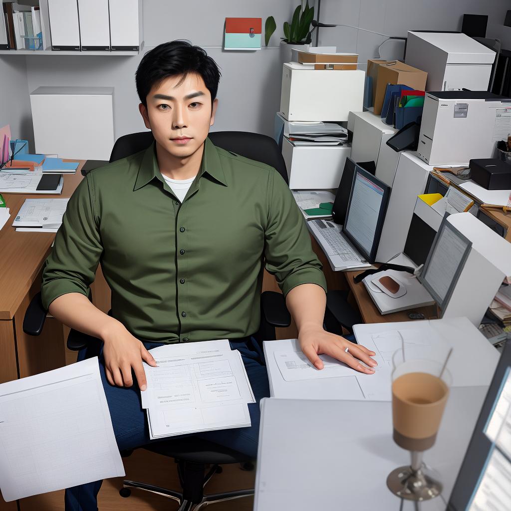  masterpiece, best quality, create an image of a Asian man sitting in the office with face straight toward the camera.