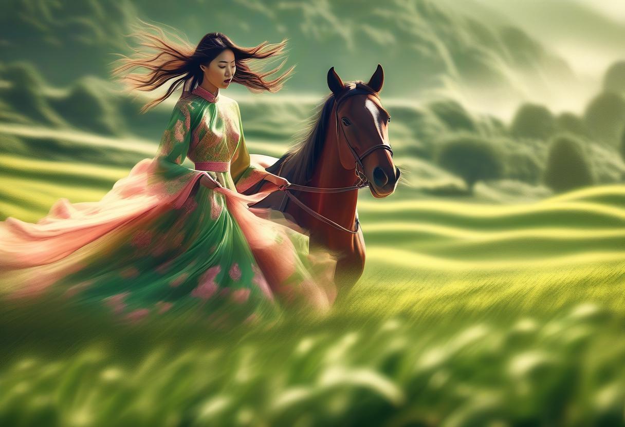  concept art girl rides horse in lush dress across field, asian woman . digital artwork, illustrative, painterly, matte painting, highly detailed