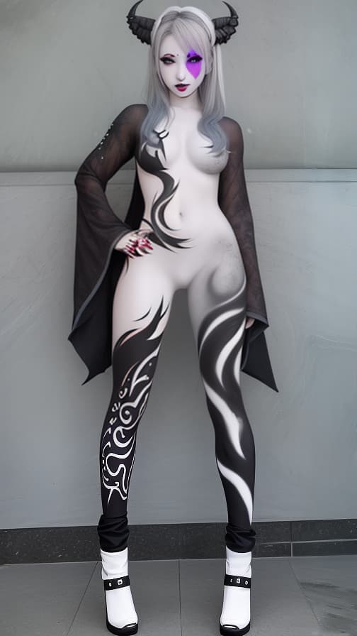  White and Blark flame pattern body paint in every corner of the whole body, grey body paint full body, grey face paint on the face, succubus sisters, full body image female