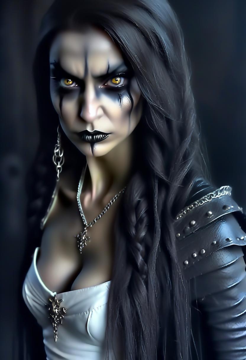  macabre style transform into the queen of the elves a thief fighter in long white leather skirts and a chain skirt, standing in height against the background of a dark hall. . dark, gothic, grim, haunting, highly detailed, perfecteyes, perfect hands