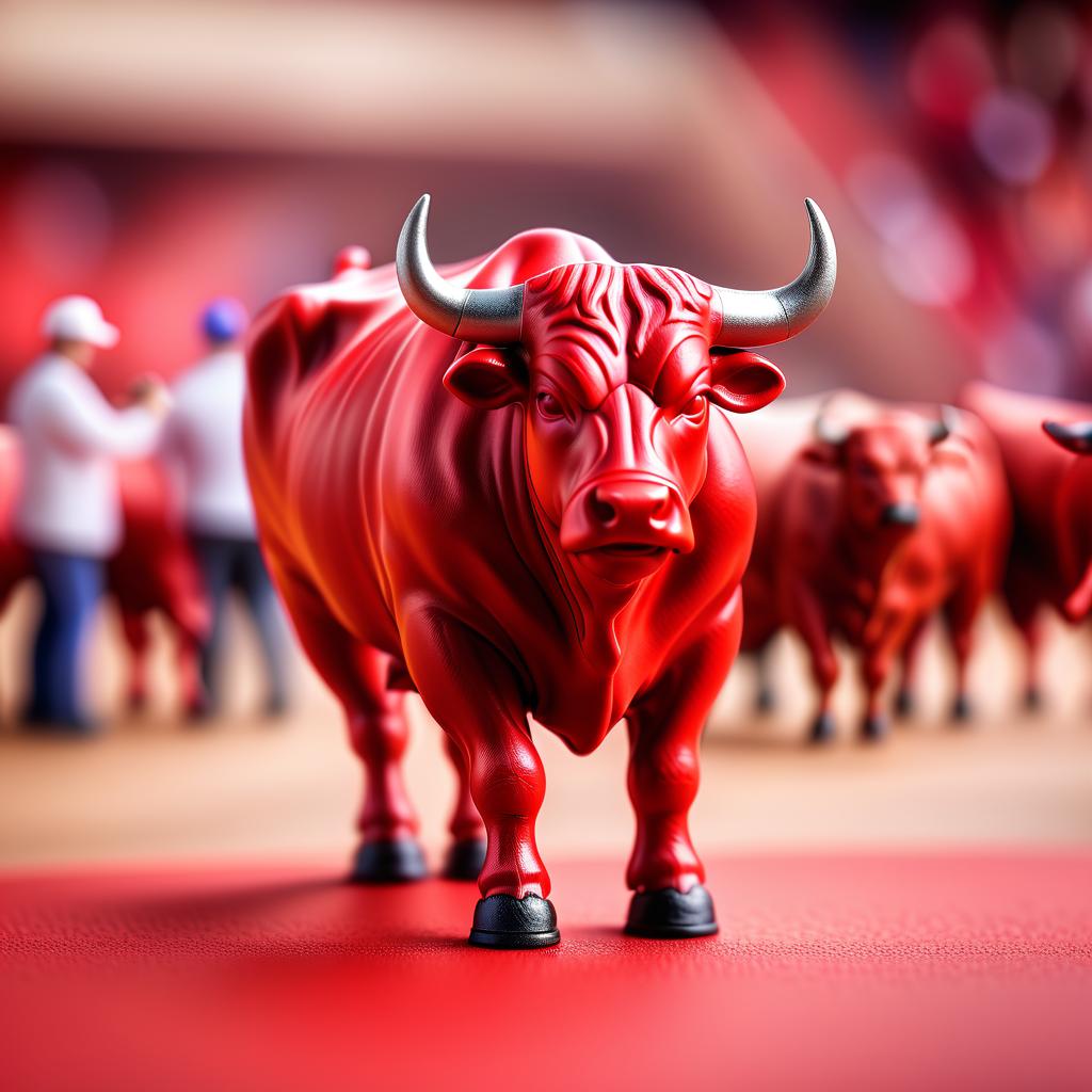  tilt shift photo of draw a bull a red color, perfect background . selective focus, miniature effect, blurred background, highly detailed, vibrant, perspective control