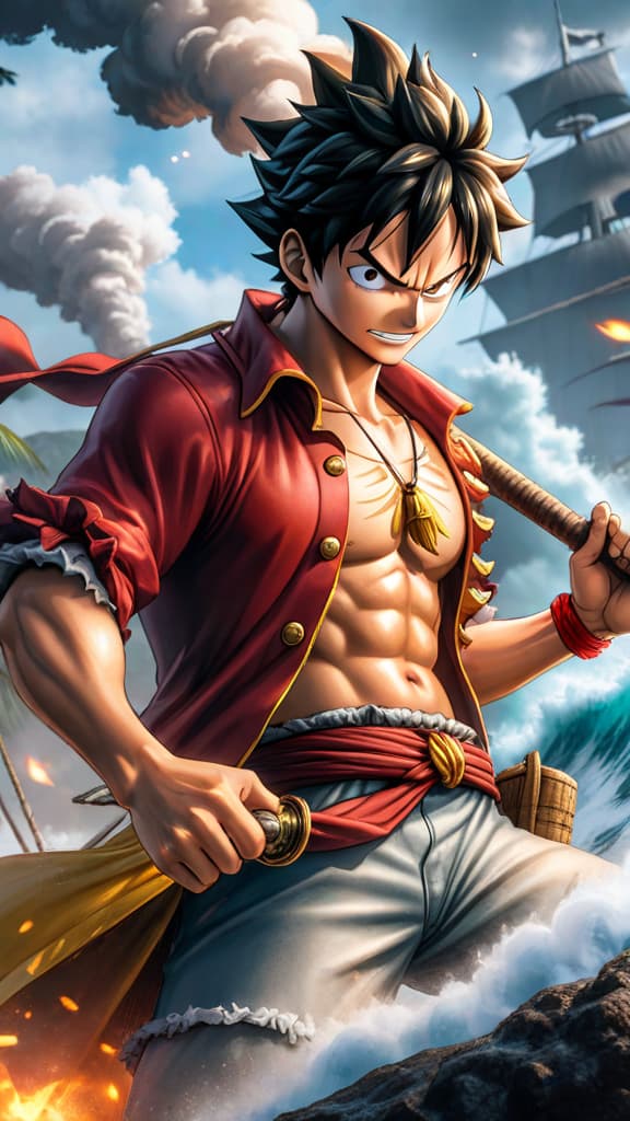  anime art: luffy prepares to unleash advanced conqueror's haki in an epic battle against blackbeard. hyperrealistic, full body, detailed clothing, highly detailed, cinematic lighting, stunningly beautiful, intricate, sharp focus, f/1. 8, 85mm, (centered image composition), (professionally color graded), ((bright soft diffused light)), volumetric fog, trending on instagram, trending on tumblr, HDR 4K, 8K