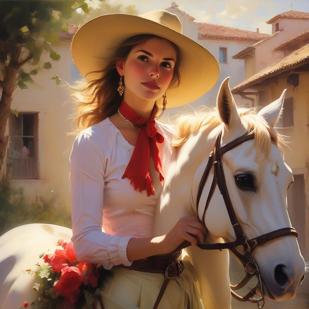  impressionist painting portrait of a charming woman. christian granyu+vicente romero redondo+joseph cote+ jose miguel roman+farshchiyan mahmud "the horsewoman" . loose brushwork, vibrant color, light and shadow play, captures feeling over form