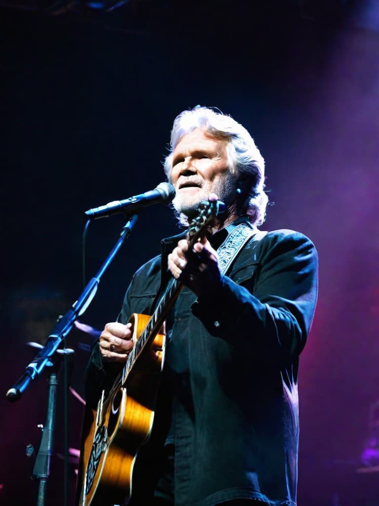  Country singer, Kris Kristofferson, on stage, medium shot, upper body, spotlight, long exposure lighting, street art style spray paint, glamour lighting