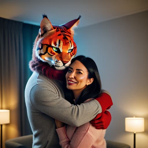  a big cat hugs a cute girl in the living room,pokemon hyperrealistic, full body, detailed clothing, highly detailed, cinematic lighting, stunningly beautiful, intricate, sharp focus, f/1. 8, 85mm, (centered image composition), (professionally color graded), ((bright soft diffused light)), volumetric fog, trending on instagram, trending on tumblr, HDR 4K, 8K