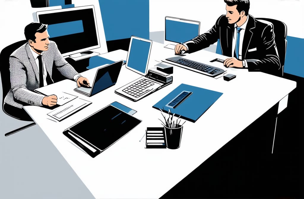  professional detailed photography, people working in office. business illustration representing busy life ar 3:2, (muted colors, dim colors, soothing tones), (vsco:0.3)