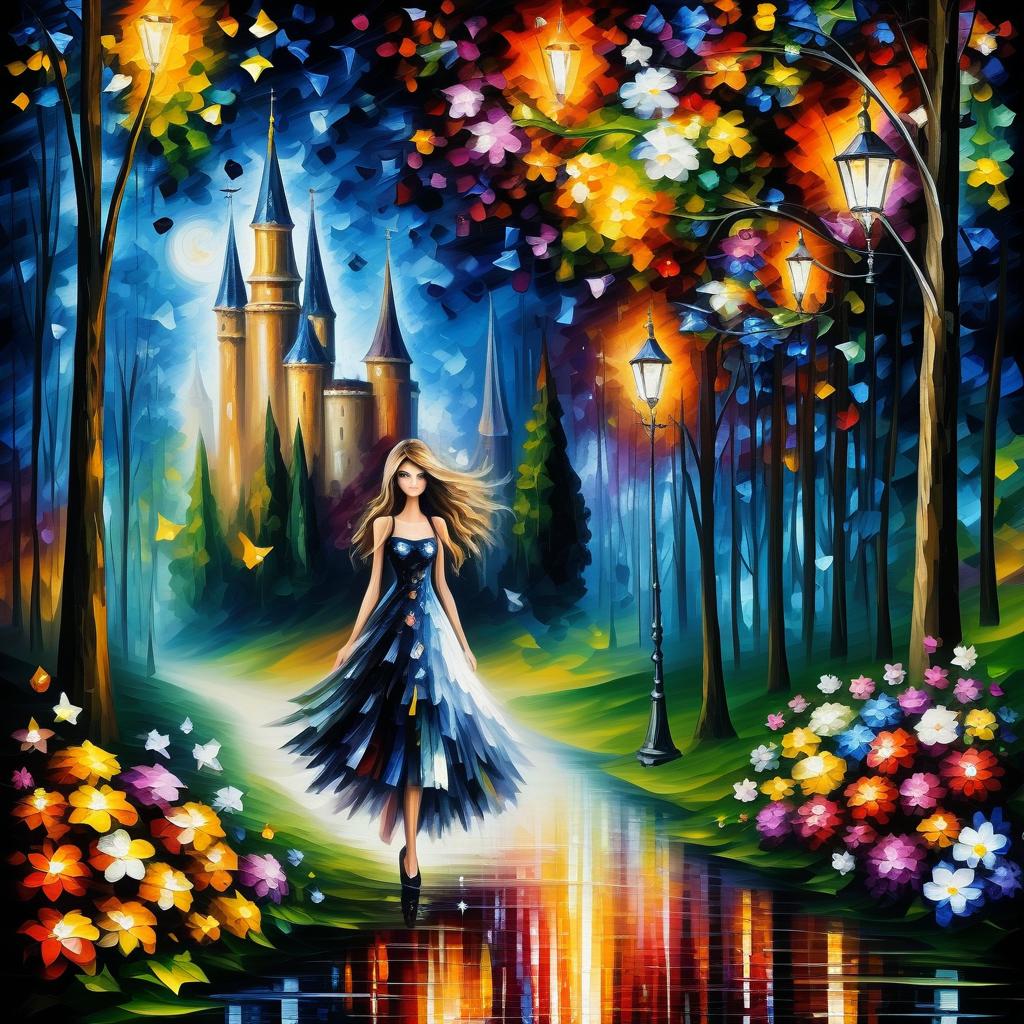  (style of leonid afremov:1.5), fantasy world with pixies and flowers, a castle with many flowers, flying pixi girl, pixi dressed in a dress made of flowers, in clothes made of flowers, forest of flowers, alley of flowers in the forest, dream, wings of flowers, night and stars, epic realism, anime features, dark fantasy, abstract horror, desaturated color palette, gothic and renaissance aesthetic,