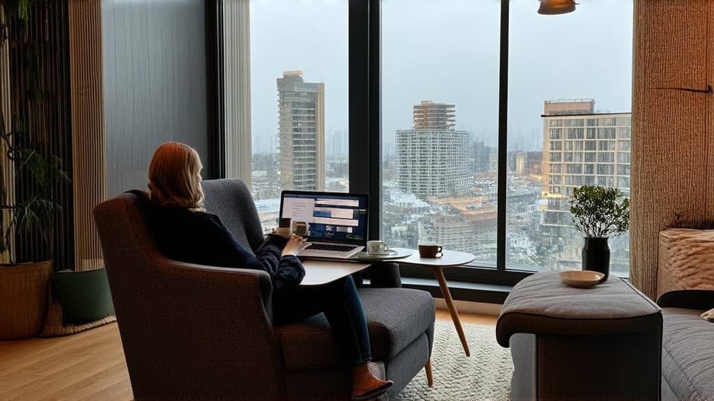  a person working from home in a cozy living room, sitting on a comfortable chair with a cup of coffee, large window view of the city, clean and organized space, contemporary style. ar 16:9 {prompt}, maximum details