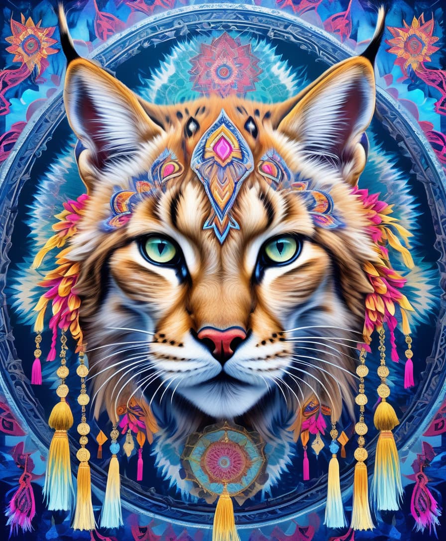  abstract expressionist painting masterpiece, hdr 8k, digital image. conceptual art. (siberian lynx, majestic wildcat, powerful paws, flexible strong body, piercing feline eyes, sharp fangs, (tassels on ears:1.2), (hunted down prey, preparing to attack:1.2), appearing in ancient russian ethnic ornaments that make up a symmetrical mandala consisting of an endless forest, a wide flowing river and majestic mountains, the mandala is decorated with a fantastic ice pattern). abstract elements: stones, tree leaves, flowers. the effect of dissolving the natural shades of fur in sky waves. filigree finishes, mysterious neon glowing accents, intricate. stylization. neo rococo style. stylish, dynamic, atmospheric. background dissolving abstract patte