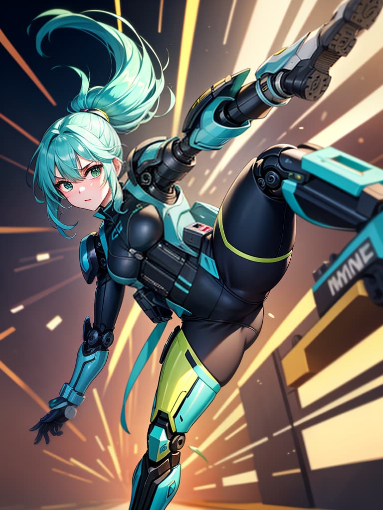  masterpiece,insanely detailed face,solo,girl,intelligence,genius,serious,cool,clear face,aqua hair,hair up,sidelocks,ring hair,humanoid,((mechanical joint)),((exoskeleton)),((mechanical legs)),green colored armor,pose,((kicking,high kick)),((incoming kick)),(standing on one leg),((close up sole,blurr sole)), looking at viewer,((sense of movement,speed line,motion blurr,blurr fore ground)),