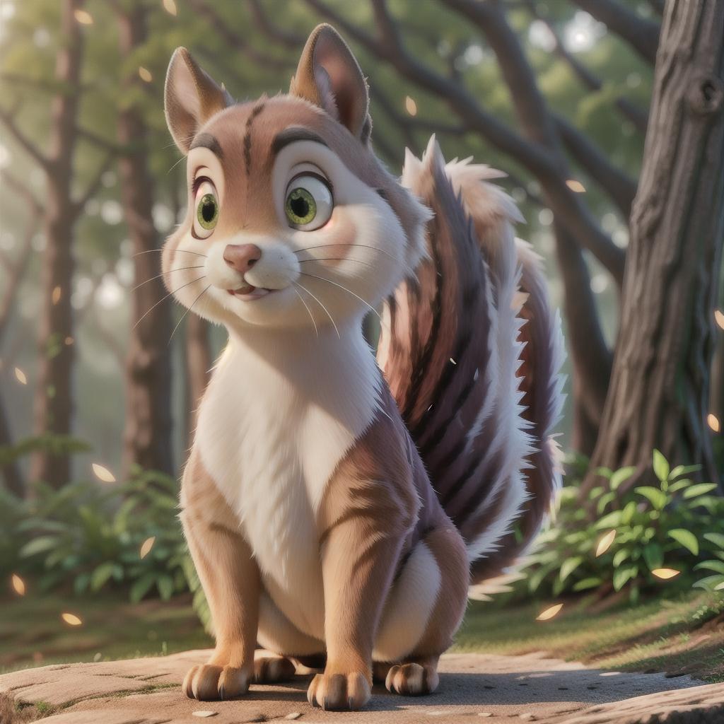  A squirrel, big pretty eyes, soft and sweet hyperrealistic, full body, detailed clothing, highly detailed, cinematic lighting, stunningly beautiful, intricate, sharp focus, f/1. 8, 85mm, (centered image composition), (professionally color graded), ((bright soft diffused light)), volumetric fog, trending on instagram, trending on tumblr, HDR 4K, 8K