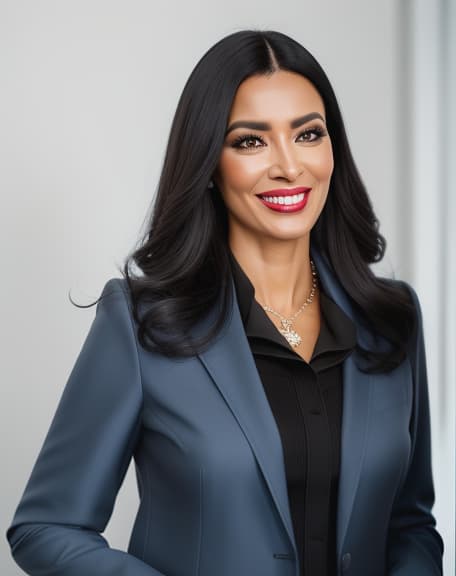  black hair, carine marques da silva wears a descent light sky blue jacket and sky blue suit. she gives us a big smile! hyperrealistic, full body, detailed clothing, highly detailed, cinematic lighting, stunningly beautiful, intricate, sharp focus, f/1. 8, 85mm, (centered image composition), (professionally color graded), ((bright soft diffused light)), volumetric fog, trending on instagram, trending on tumblr, HDR 4K, 8K