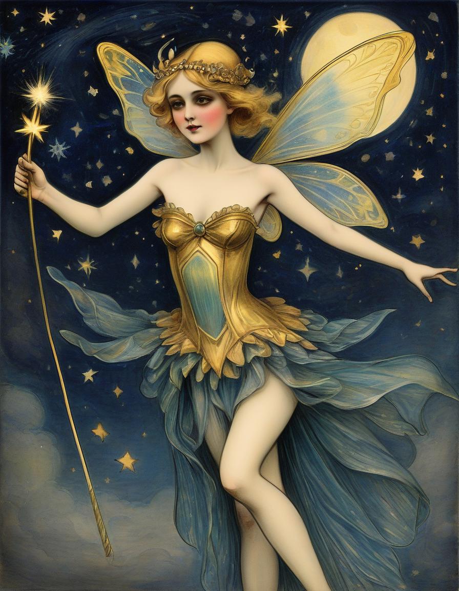  a drawing showing an tremble fairy holding a wand, in the style of moody starry nights, gilded age, colorful costumes, contrasting, flickr, futurist movement