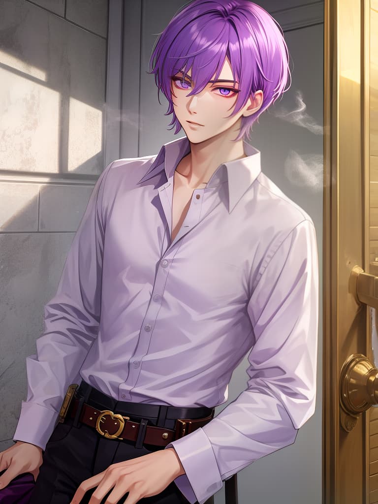  masterpiece,one male,handsome,delicate purple hair color,short hairstyle,sharp eyes,delicate golden eye color,larynx,western shirt,cigarettes,high quality,16k