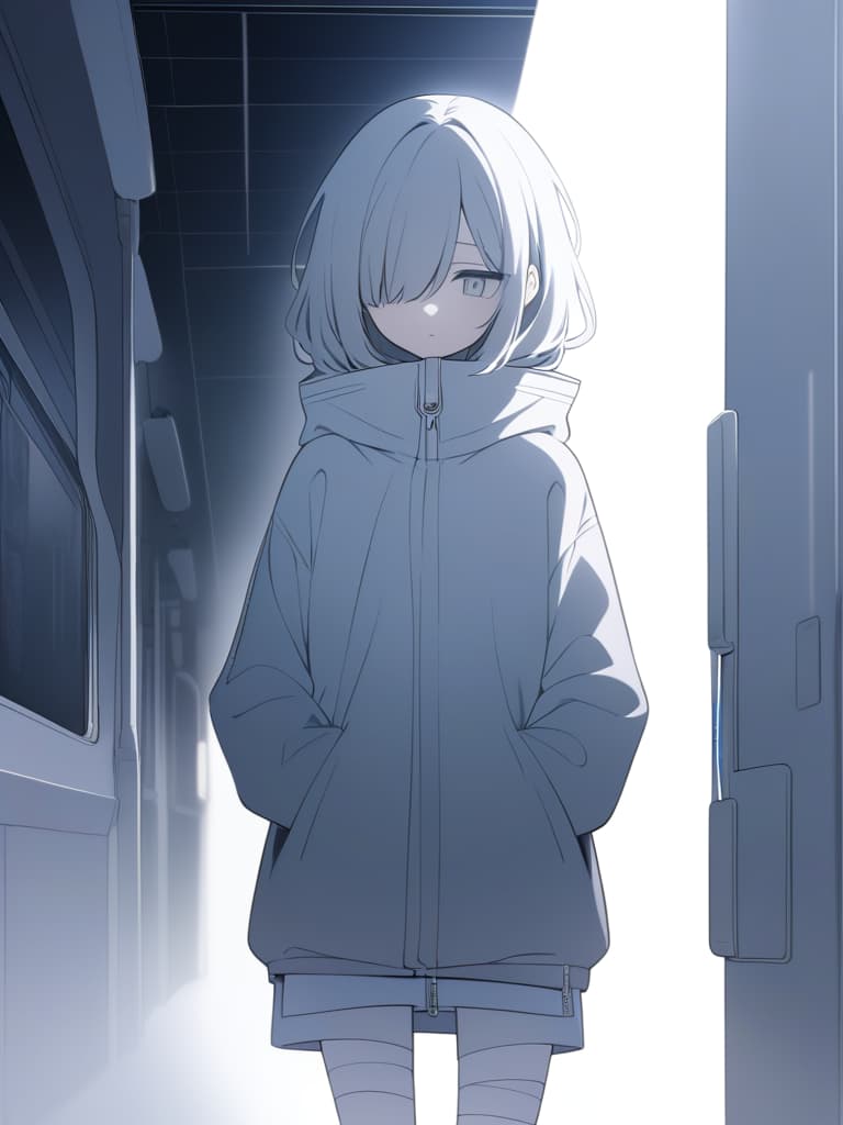  a melancholic girl with short,messy,and slightly unkempt hair,partially covering one eye,stands alone in a dimly lit train station at night. she wears a slightly oversized jacket with a high collar zipped up,her hands tucked in the pockets. the cool,muted colors of the scene create a somber and detached atmosphere.red and blue lights from distant signals illuminate the foggy platform behind her. her expression is distant and tired,conveying a sense of loneliness.bandages are subtly placed on her legs,hinting at her exhaustion. the setting feels quiet and isolated,with the soft glow of lights giving the scene an almost ethereal,otherworldly vibe.