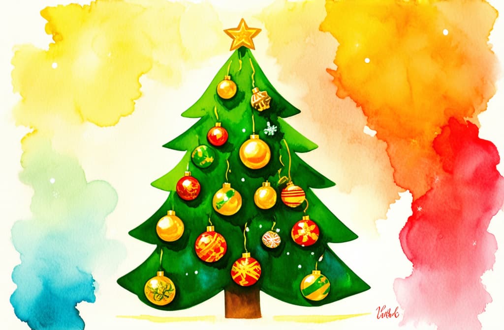  artwork stylish christmas tree with beautiful golden toys ar 3:2, watercolor techniques, featuring fluid colors, subtle gradients, transparency associated with watercolor art