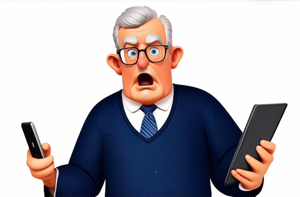  shocked surprised senior man holding tablet isolated on white background, funny cartoon illustration ar 3:2 {prompt}, maximum details