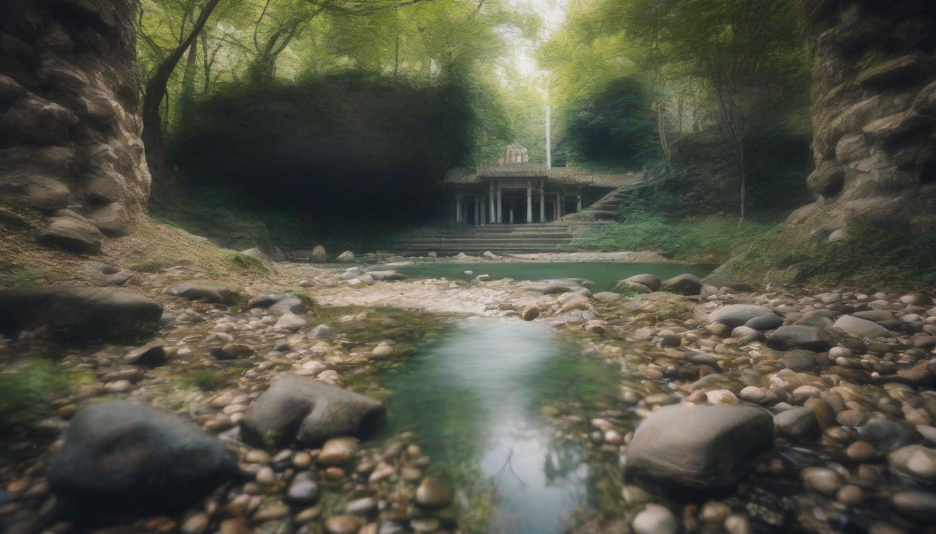  cinematic photo a secret grotto with an underground narrow river with rocky banks. the water is transparent, crystal clear. there are several boulders and small pebbles on the bank. from one bank to the other there is a path of stones. on the other side of the river is a mysterious temple, the entrance to which is overgrown with moss and ivy. it is dilapidated, the antique white columns seem slightly greenish, with some marble crumbs lying around.Древние руины заросшие мхом, мрачно, зловеще, таинственный свет, далёкие горы, кинематографично, 8К, уменьшение в 2 раза . 35mm photograph, film, bokeh, professional, 4k, highly detailed, hkmagic