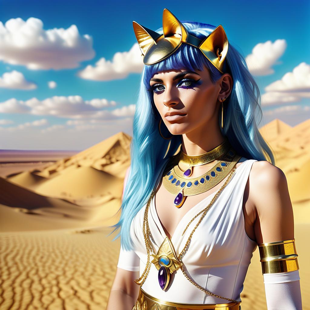  cinematic photo egyptian . madam. with blue hair. you should. gold rim decoration with golden cat ears. large amethyst in seridine jewelry. azure shiny eyes of the aimed at me. two gold celets on shoulders and hands. s. in the desert. bright blue sky. white clouds. maximum quality. body. . 35mm photograph, film, bokeh, professional, 4k, highly detailed