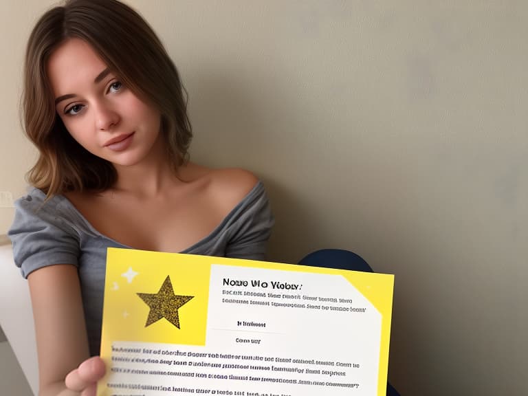  a beautiful young woman leaves a review on a website in the form of five yellow stars