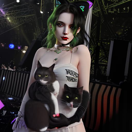  girl with green eyes holds two cats, spotlights, stage, space in the background, love of music, vocals, idol, stage, tarot, (noir), black and white , detective , crime , mystery