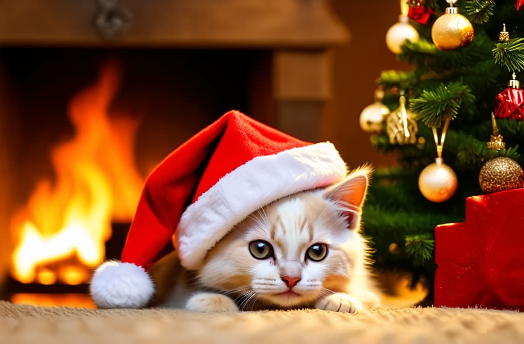  cinematic film style, christmas white cute kitten near the christmas tree sleeps in a santa hat, in the background in blur a fireplace, cozy atmosphere, cinema effect ar 3:2, shallow depth of field, vignette, maximum details, high budget hollywood movie, bokeh, cinemascope, moody, epic, gorgeous, sun rays and shadows on furniture and surfaces, flattering light, raw photo, photography, photorealistic, 8k resolution, f1.4, sharpened focus, sharp focus