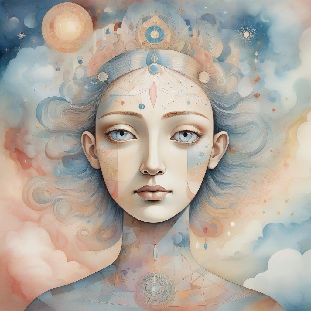  a surreal digital artwork featuring a serene female face with intricate, cosmic embellishments merging with celestial clouds. soft {watercolor, smooth and realistic portrait, intricate, high definition, realistic, japanese watercolor and ink, paul klee, georgia o'keefe}