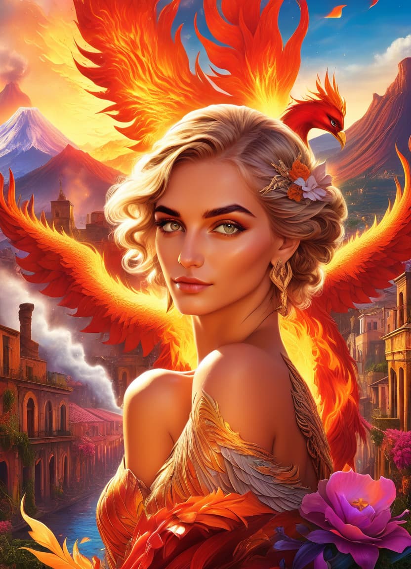  concept art (digital image, double exposure, masterpiece:1.3). (a beautiful girl in the image of a phoenix in vintage clothes, magnificent wings behind her back, expressive beautiful eyes, a look at the viewer:1.6). red ((fiery rivers of lava)), small rounded houses with pointed roofs. (background: eruption of vesuvius:1.4). a fascinating sight, (flowers from the flames:1.4), bright accents. revival. (in the style of josephine wall:1.5). high detail, realistic fantasy, 1024k resolution, hdr. . digital artwork, illustrative, painterly, matte painting, highly detailed, glowneon, hkmagic