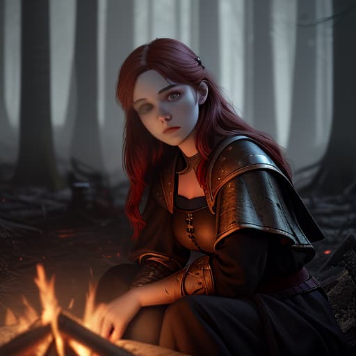  the middle ages. night is the forest on the hill. a brunette girl with black eyes and a red haired guy sit by the fire and talk., shot 35 mm, realism, octane render, 8k, trending on artstation, 35 mm camera, unreal engine, hyper detailed, photo realistic maximum detail, volumetric light, realistic matte painting, hyper photorealistic, trending on artstation, ultra detailed, realistic