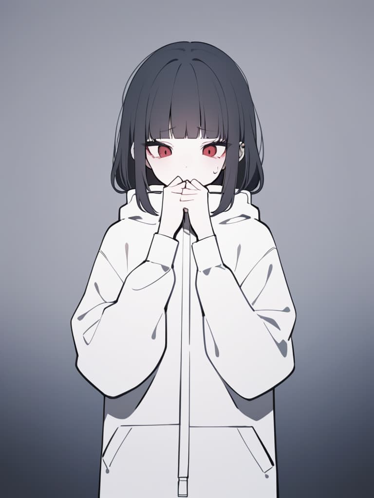  "a dark,moody illustration of a young woman with long black hair and blunt bangs. she is wearing oversized black clothes with long sleeves that cover her hands. her expression is tired and melancholic,with red eyes and flushed cheeks as if she's been crying or is emotionally exhausted. the background is muted and minimalistic,focusing on the character. she is holding a cigarette,and the smoke softly swirls around her. her ear is adorned with multiple piercings,adding a rebellious touch to her otherwise gloomy appearance. the overall color palette should be dark and muted,with heavy shadows and a sketchy,minimalistic art style."