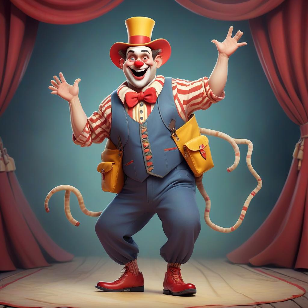  a circus man who is musical, funny, friendly with children. the clothes are bright, with large pockets. the headdress is musical. he has a backpack on his back. pants in claws. shoes on him