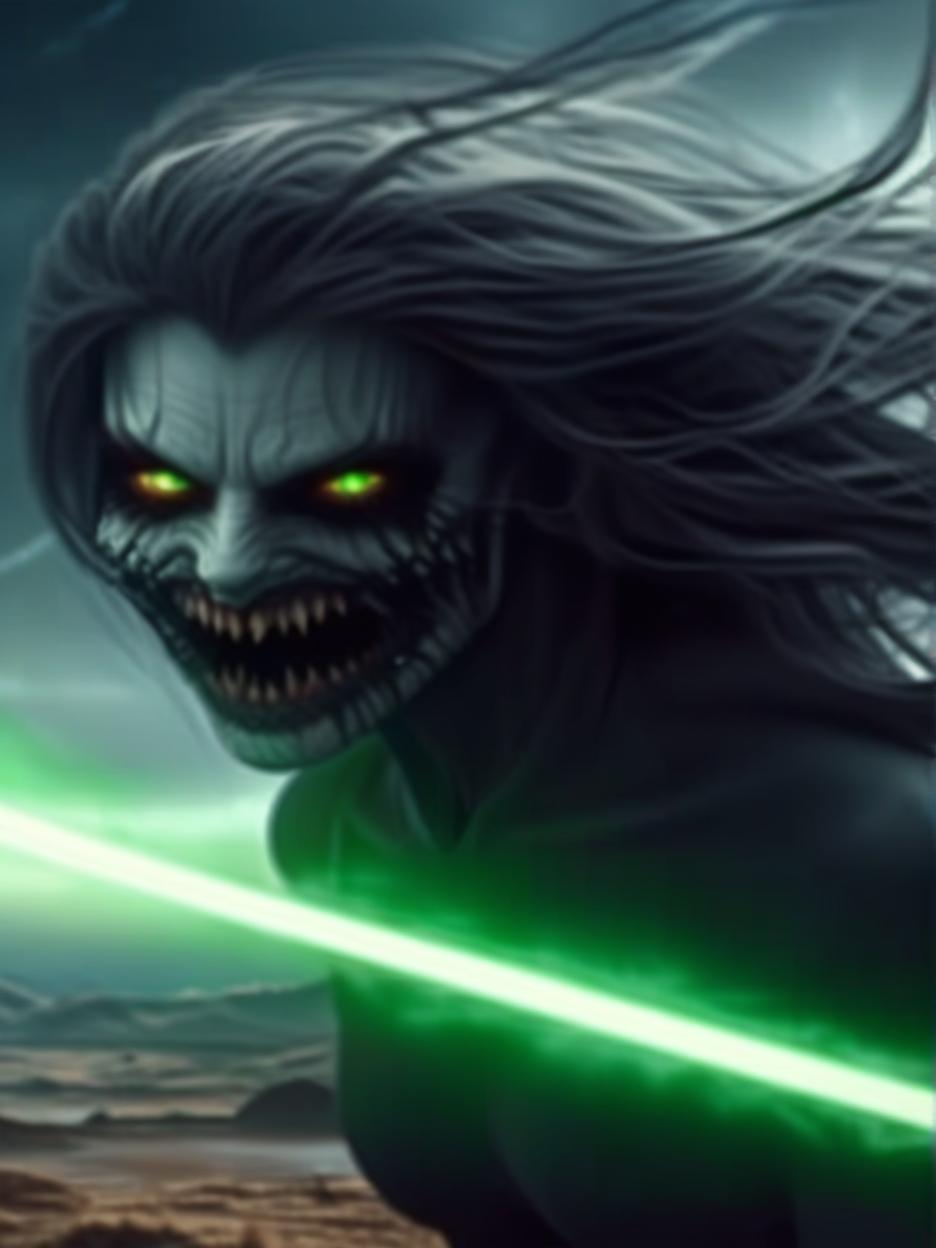  best quality, hd, hauntingly beautiful yet extremely terrifying female cosmic horror entity with glowing green eyes, pale white skin, long white hair, and an extremely wide evil smile with the skin of her cheeks ripped from the corner of the lip up the cheek and torn with very long fanged teeth with a cosmic background remove green line from picture hyperrealistic, full body, detailed clothing, highly detailed, cinematic lighting, stunningly beautiful, intricate, sharp focus, f/1. 8, 85mm, (centered image composition), (professionally color graded), ((bright soft diffused light)), volumetric fog, trending on instagram, trending on tumblr, HDR 4K, 8K