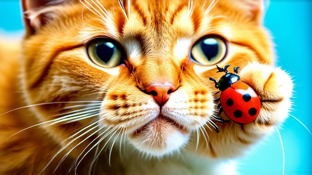  photograph, closeup of the paw and claws on an orange tabby cat holding ladybug in its paws, macro photography, high resolution, beautiful, adorable, cute, peaceful, happy ar 16:9 {prompt}, maximum details