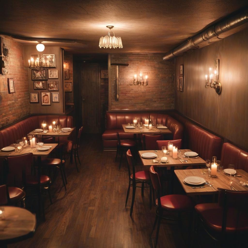  the interior of a small basement restaurant is retro. lighting only by candles.