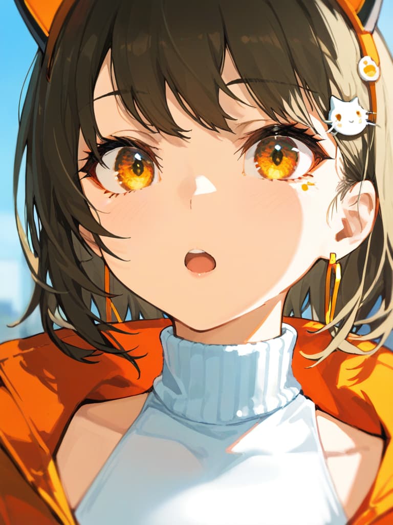  (cat ear headphones: 1.2), masterpiece, open mouth, best quality, (close up: 1.2), from front, (medium hair), (pure eyes: 1.2) , earring, ( orange overside jacket: 1.1), (shoulder gap: 1.2), (white turtleneck: 1.1), (hair pin: 1.3)