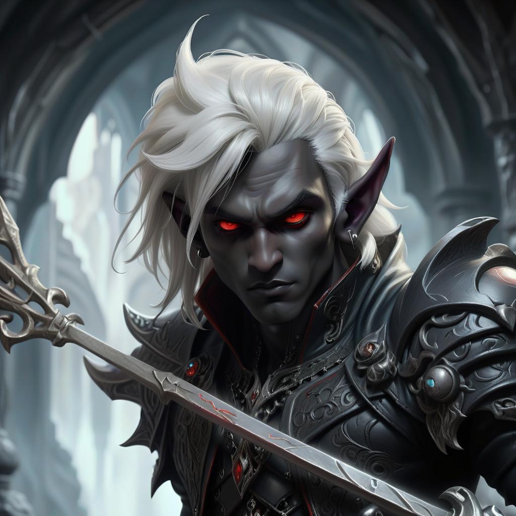  gothic style drow male elf cleric, graphite color skin, red eyes, silver medium haircut, black leather jacket, dark cave temple . dark, mysterious, haunting, dramatic, ornate, detailed, civitai