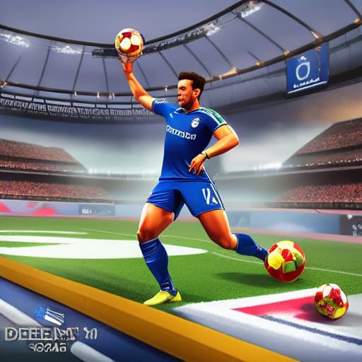  crea una imagen de un juego dream league soccer hyperrealistic, full body, detailed clothing, highly detailed, cinematic lighting, stunningly beautiful, intricate, sharp focus, f/1. 8, 85mm, (centered image composition), (professionally color graded), ((bright soft diffused light)), volumetric fog, trending on instagram, trending on tumblr, HDR 4K, 8K