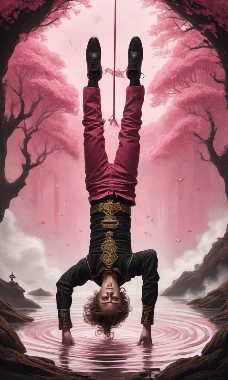  concept art tarot color pink, white, black, gold darkwood artemia lebedev suspended by his legs upside down . digital artwork, illustrative, painterly, matte painting, highly detailed, perfect hands