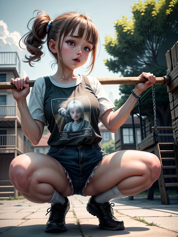  master piece, best quality, ultra detailed, highres, 4k.8k, A old Caucasian , Squatting and lifting her ly, Innocent and mischievous, BREAK life in a suburban neighborhood, playground, Swing, hopscotch grid, and building, BREAK Lighthearted and sunny, Gentle breeze blowing the 's hair and ,