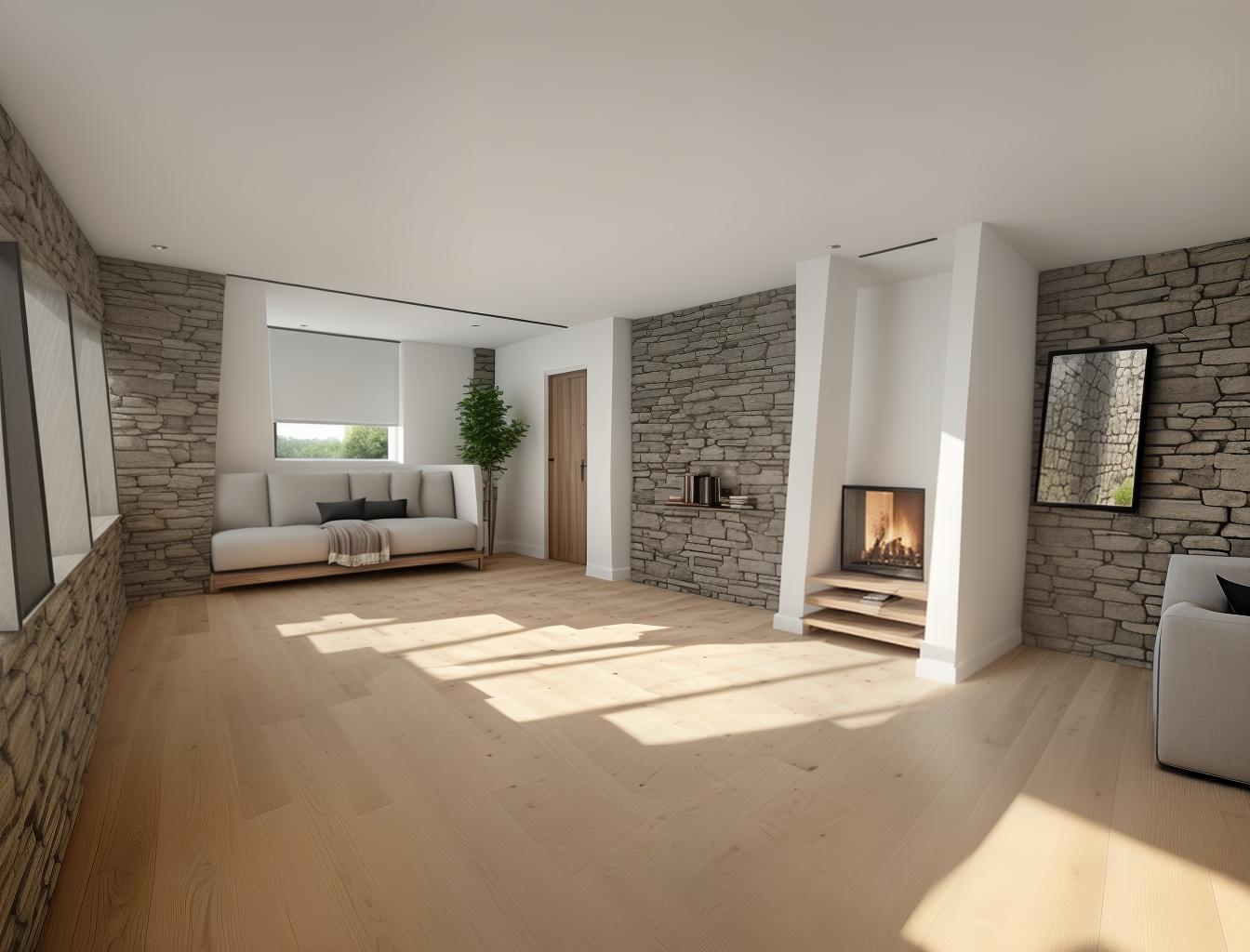  produce a photorealistic rendering of a modern interior with a stone wall as a focal point, complemented by wooden flooring and large windows. add a sleek, modern sofa and minimalist furniture that reflects a contemporary style, creating a space that feels both rustic and sophisticated.