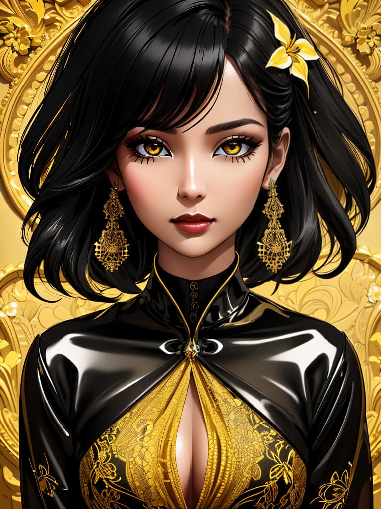  Golden yellow and sleek black color palette, captivating and inviting expression, exuding elegance and charm, magnetic beauty, intricate details, high contrast, luxurious feel, digital art, female, glossy finish, striking composition, dynamic lighting to enhance features.