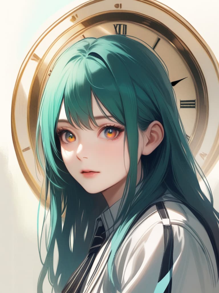  1girl,green hair,(((pupil is the clock is ticking:1.5))),realistic